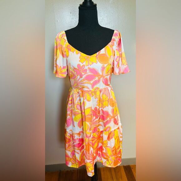 MittoShop Floral Smocked Dress Large Pink Yellow Boho Mini/Knee Length NWT - Picture 2 of 10